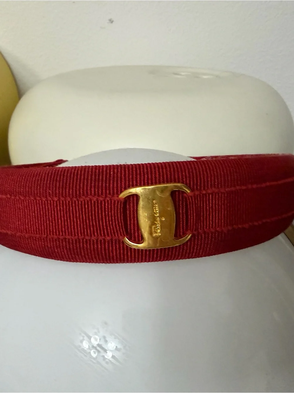 Salvatore Ferragamo Red Grosgrain Headband with Gold Logo Buckle